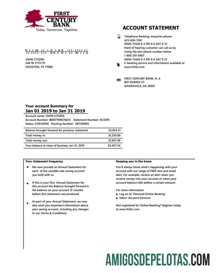 Modelo de extrato bancário do primeiro século Georgia Gainesville dos EUA